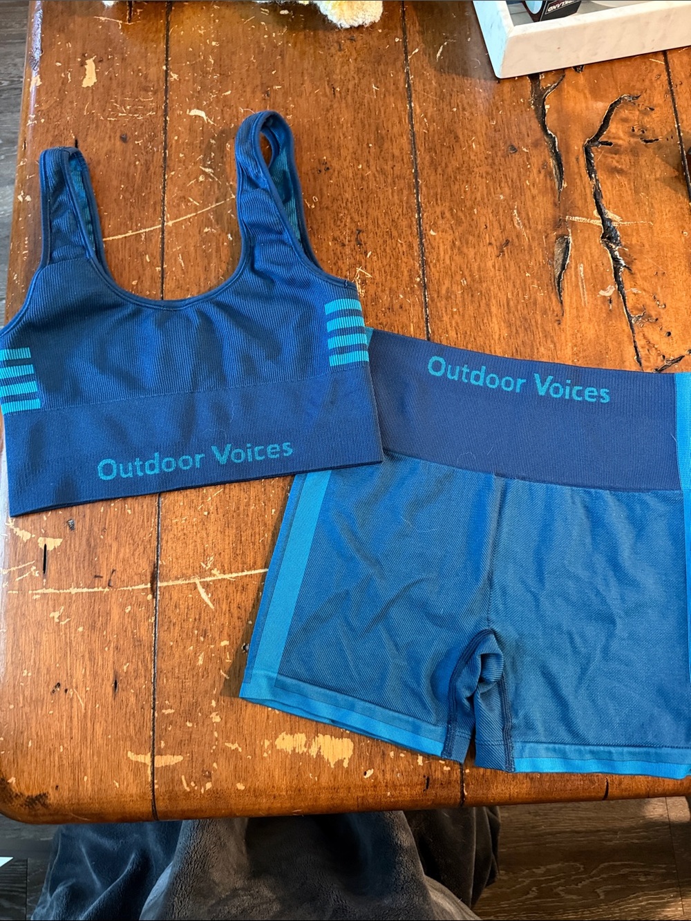 Outdoor Voices Navy and Teal Seamless Sports Bra & Shorts Set